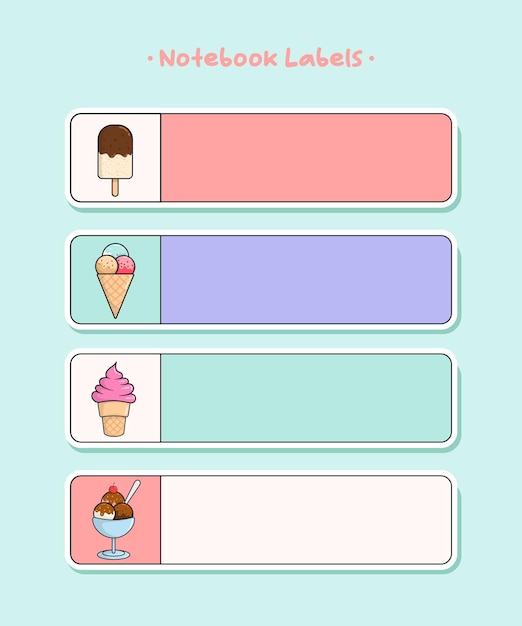 notebook label pack, cute icon ice cream illustration