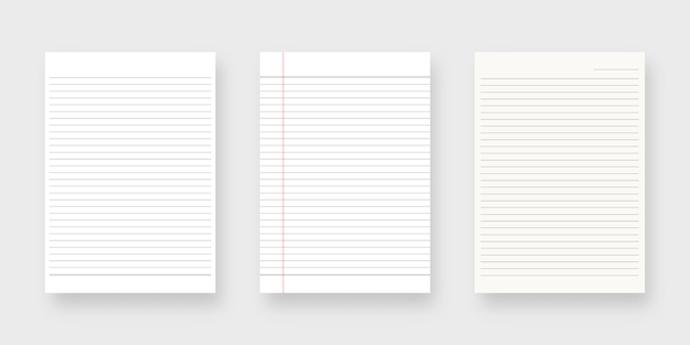 Notebook paper set. Sheet of lined paper template. isolated. Template design. Realistic illustration.