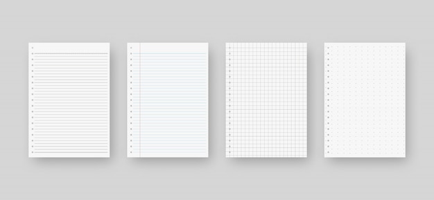 Notebook paper set. Sheet of lined paper template. isolated. Template design. Realistic illustration.