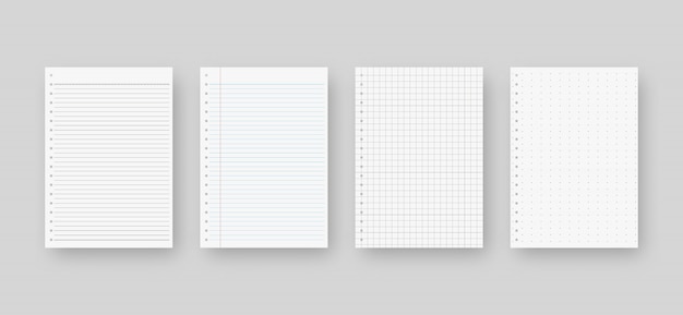 Набор бумаги для ноутбука. лист шаблона линованной бумаги. изолированные. дизайн шаблона. реалистичная иллюстрация.