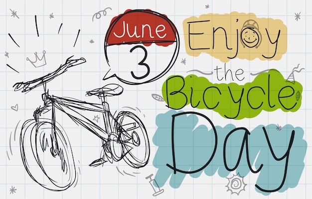ベクトル 自転車の日の自転車と落書きが描かれたノート用紙