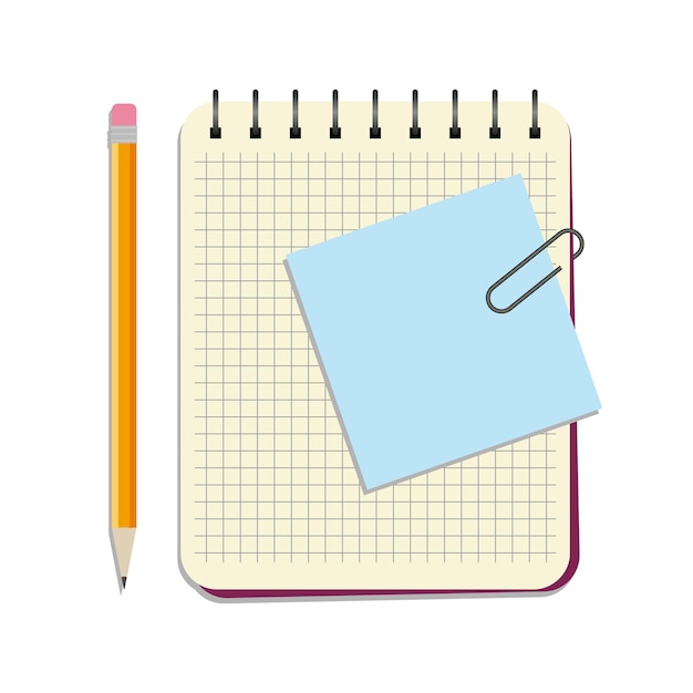 Notebook with blue notice paper and yellow pencil on a white background