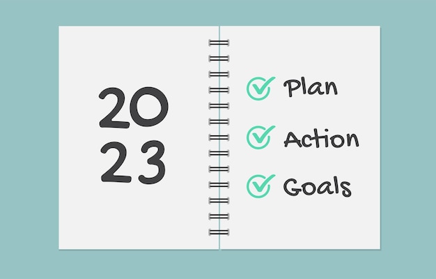 Notebook with the words goals 2023 plan Action Checklist of new year goals 2023 Vector illustration