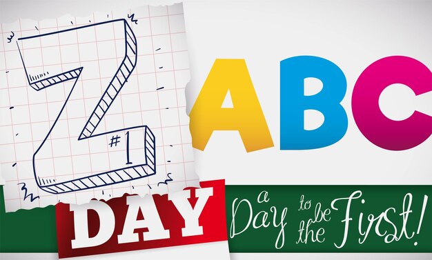 Notebookpapier met Z-lettertekst op de eerste plaats boven kleurrijke ABC-letters en kalender voor Z-dag