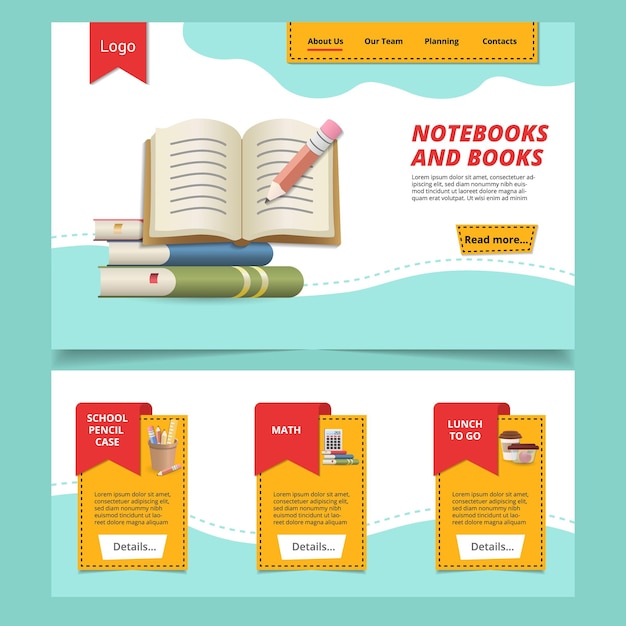 Vector notebooks and books flat landing page website template