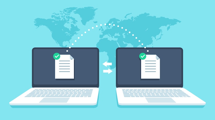 Vector notebooks file transfer. data transmission, ftp files receiver and notebook computer backup copy. document sharing vector concept