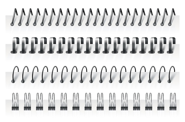 Vector notebookspiralen, draadstalen ringbanden en veren voor agenda, notitieblok, documentomslag of boekjesbladen. spiraal bindmiddel en geringd voor papieren kalender. kan als paginascheiding worden gebruikt