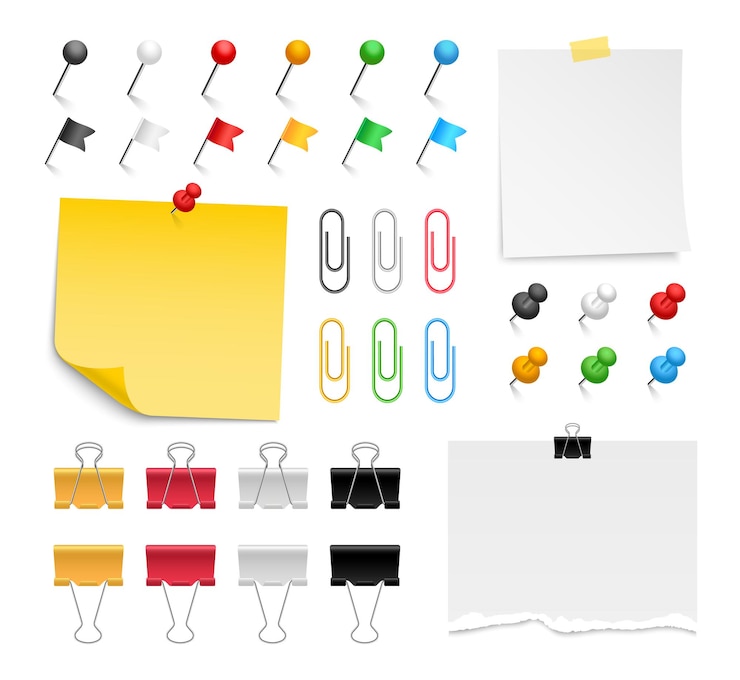 Vector noteer paperpins en paperclips gekleurde bindclips push pins vlaggen en spijkers