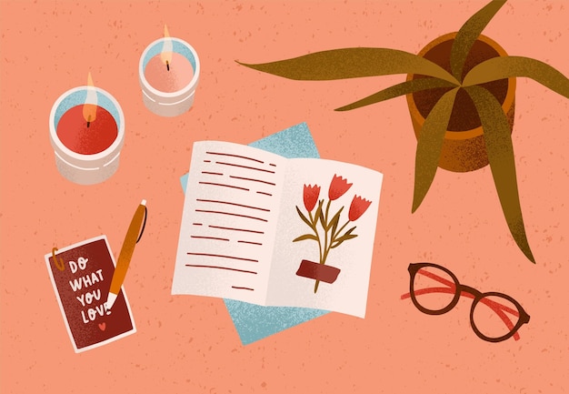 Vector notepad or diary with dry beautiful flower and writing text surrounded by cosiness things on desk vector flat illustration. top view of cozy workplace organization with candles, accessories and plant.