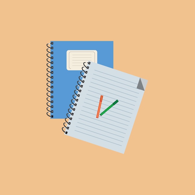 ベクトル 平面図スケッチ ブックまたは開いている日記オフィスおよびビジネス文房具フラットにペンでメモ帳