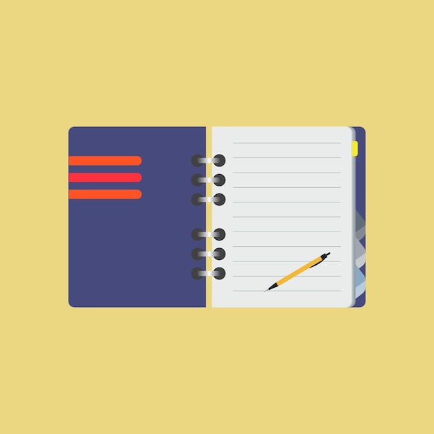 Vector notepad with pen in top view sketchbook or open diary office and business stationery flat vector