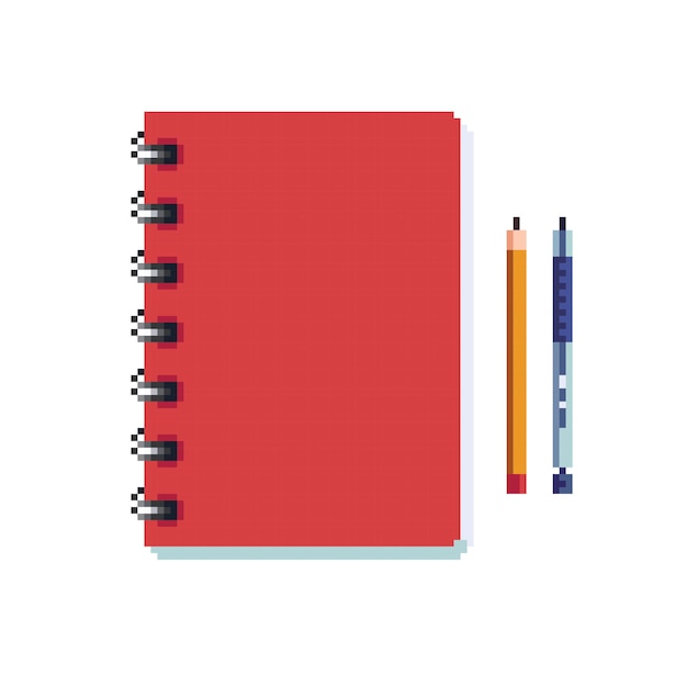Vector notepad with pencil pixel art notebook with pen element spiral coil book 8 bit