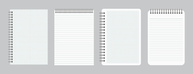 Notepads with empty lined and checkered paper with binder iron spiral. set of four notebooks sheets. vector illustration