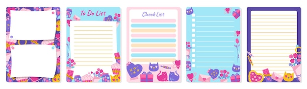 Vector notepaper lined or grid notepad set valentines day elements daily planner note paper to do list page