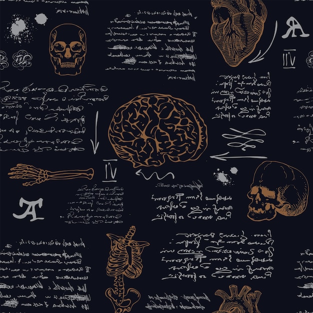 Vector notes from the diary of a scientist anatomist with sketches