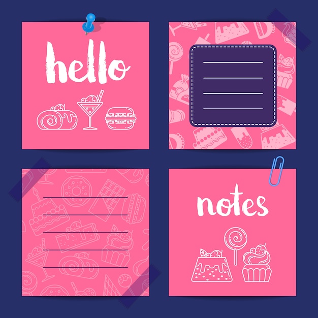 Notes templates set with linear and flat style sweets icons