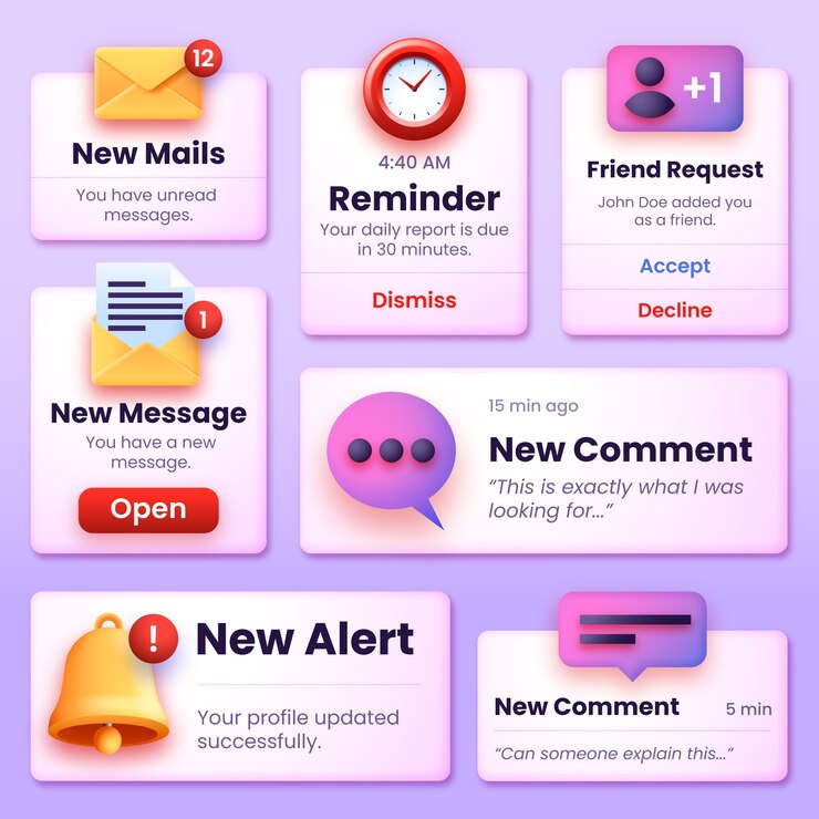 Vector notification badges and alerts for mobile app interface