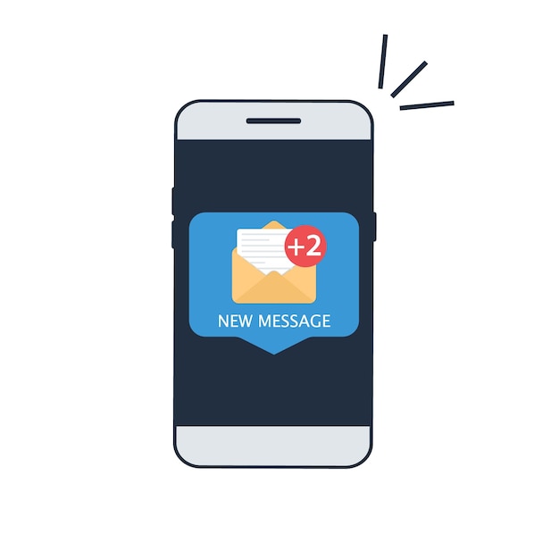 ベクトル 携帯電話やスマートフォンでの新着メールの通知。新しい未読メールメッセージと既読メール封筒アイコン、受信トレイの概念とスマートフォン画面