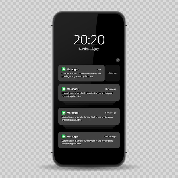 Экран уведомлений дизайн пользовательского интерфейса шаблон окна уведомлений телефона на темном фоне интерфейс обмена сообщениями смартфона векторная иллюстрация смартфон векторная иллюстрация