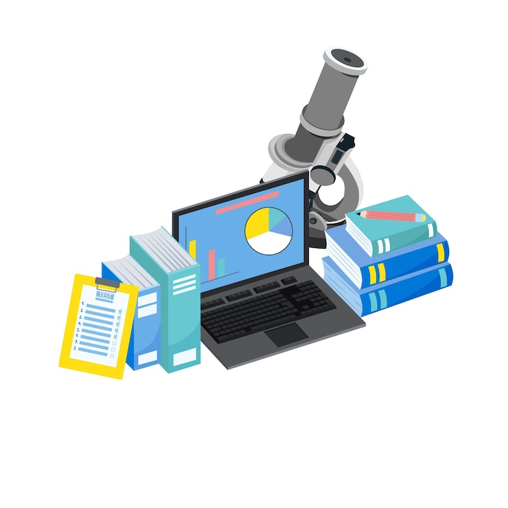 Vector notitieboekje met diagram, checklist, documenten en microscoop. onderzoek en analyse, vector