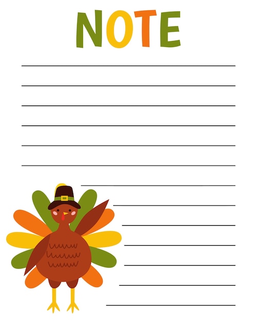 Notitielijstsjabloon Pilgrim Turkey Thanksgiving Organizer en Schedule met plaats voor Notes Good for Kids