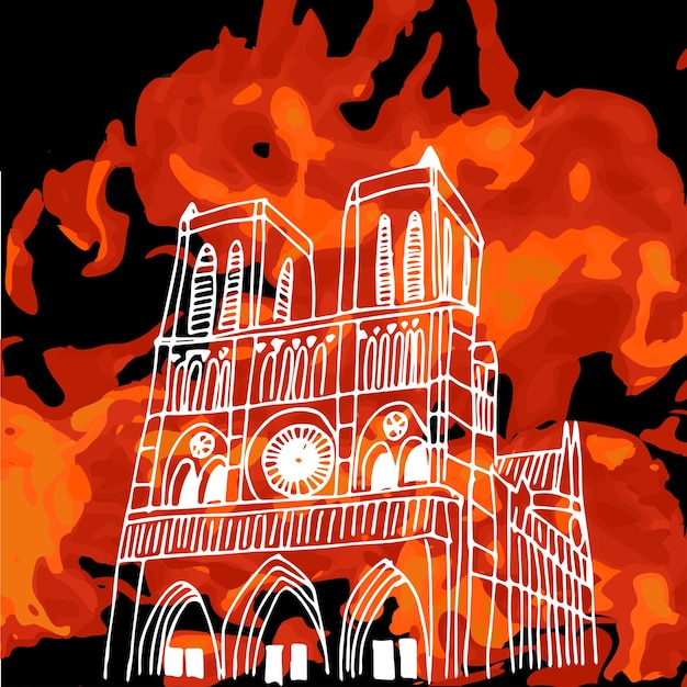 Notre Dame de Paris cathedral on fire Vector sketch postcard