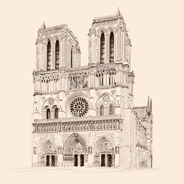 フランス、パリのノートルダムドパリゴシックカトリック大聖堂。鉛筆スケッチ