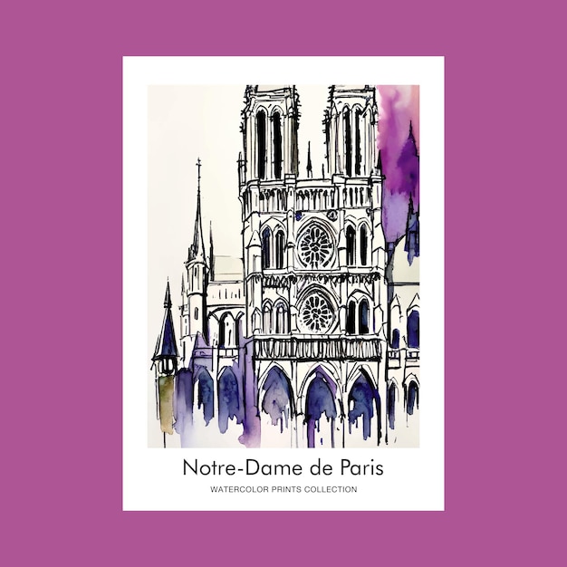 Vector notre dame de paris watercolor artisic painting