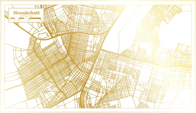 황금 색상 개요 지도에서 복고 스타일의 누악쇼트 모리타니 도시 지도