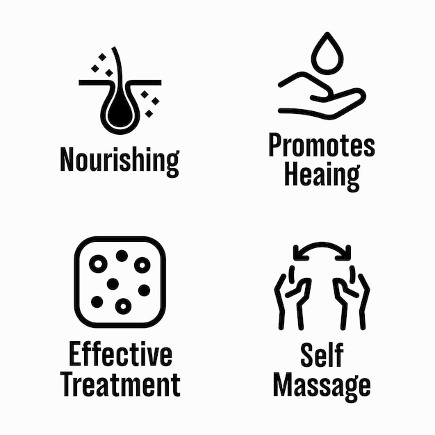 Nourishing property, Promotes Healing, Effective Treatment, Self Massage vector information sign