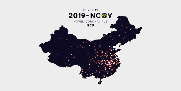 Novel coronavirus (2019-ncov). china pathogen respiratory coronavirus 2019-ncov originating in wuhan, asia-china map infographics. virus covid 19-ncp. ncov denoted is single-stranded rna virus.