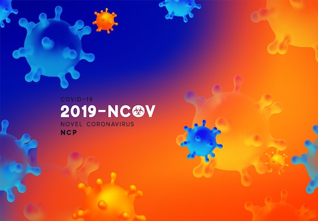 Новый коронавирус (2019-ncov). вирус ковид 19-ncp. обозначается коронавирус ncov как одноцепочечный рнк-содержащий вирус. фон с реалистичными 3d синими и оранжевыми вирусными клетками. векторная иллюстрация символов опасности.