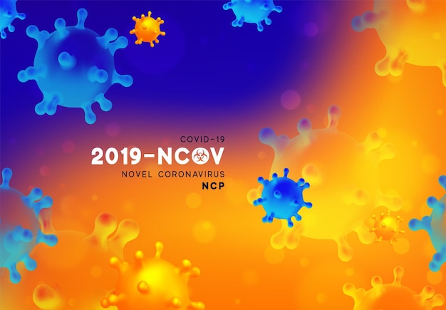 新型コロナウイルス (2019-nCoV)。ウイルス Covid 19-NCP。示されているコロナウイルスnCoVは、一本鎖RNAウイルスです。現実的な 3 d の青とオレンジ色のウイルス細胞の背景。危険シンボル ベクトル イラスト。