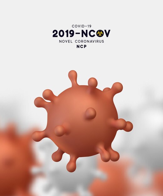 新型コロナウイルス (2019-nCoV)。ウイルス Covid 19-NCP。示されているコロナウイルスnCoVは、一本鎖RNAウイルスです。リアルな 3 d ブラウン ウイルス細胞の背景。ウイルス細菌。ベクトル イラスト。