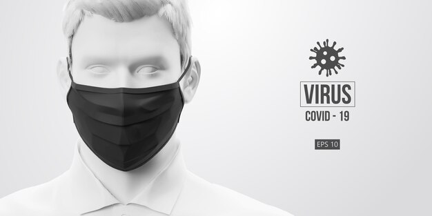 Nuovo coronavirus covid-2019. uomo di colore bianco in maschera nera su sfondo bianco.