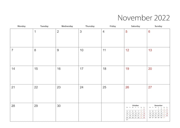 November 2022 simple calendar planner, week starts from Monday. Vector calendar planner.