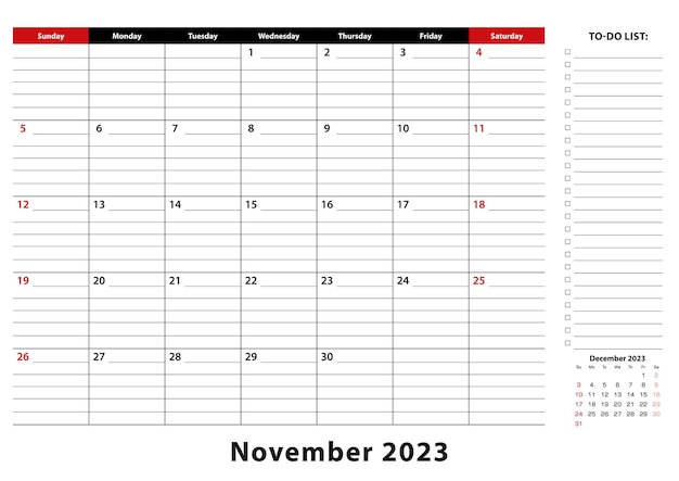 November 2023 Maandelijkse Bureau Pad Kalenderweek begint vanaf zondag formaat A3