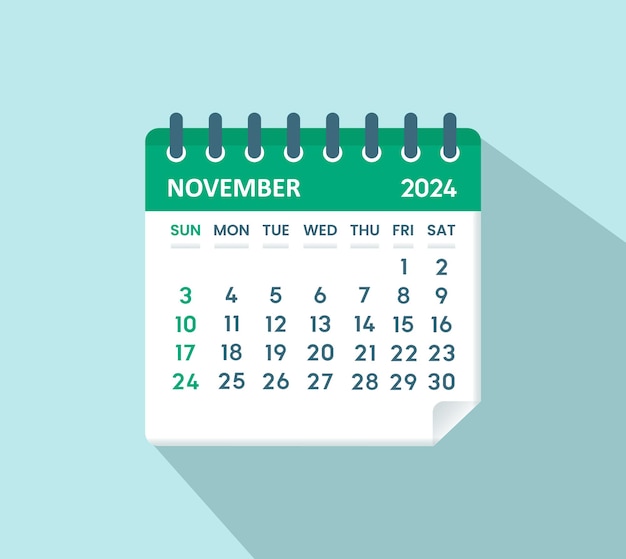 Вектор Ноябрьский календарь 2024 листный календарь 2024 в плоском стиле