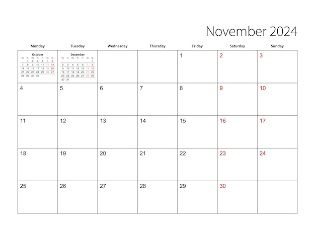 Vector november 2024 simple calendar planner, week starts from monday.