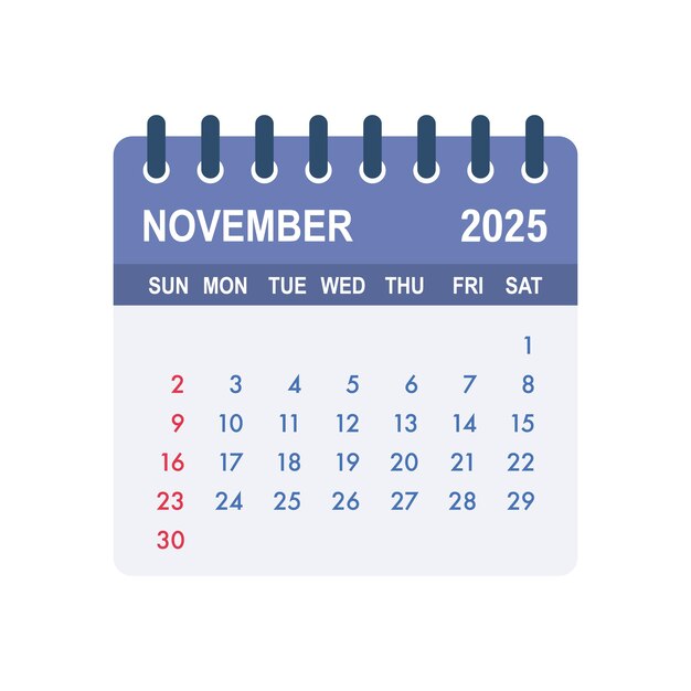 2025 년 11 월 달력 페이지는 날, 주 및 달을 표시합니다.