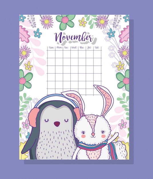 Vector november calendar information with penguin and rabbit