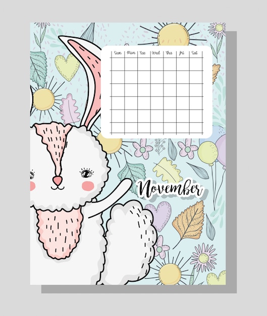 Vector november calendar information with rabbit and flowers