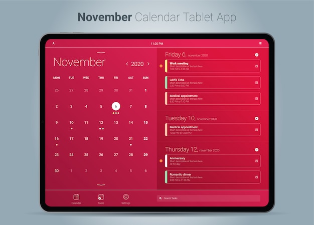 Vettore interfaccia dell'app per tablet del calendario di novembre