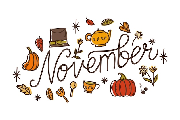 November Hand Lettering with Autumn Leaves and Elements Hand Drawn Decoration