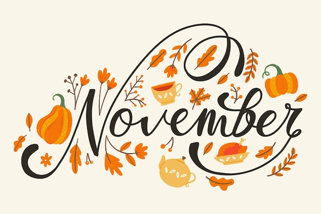 Vector november hand lettering with autumn leaves hand drawn decoration