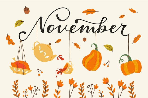 Vector november hand lettering with autumn leaves hand drawn decoration