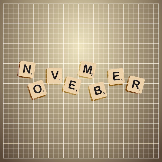 Vector november month in uppercase letters with scabbles block concept