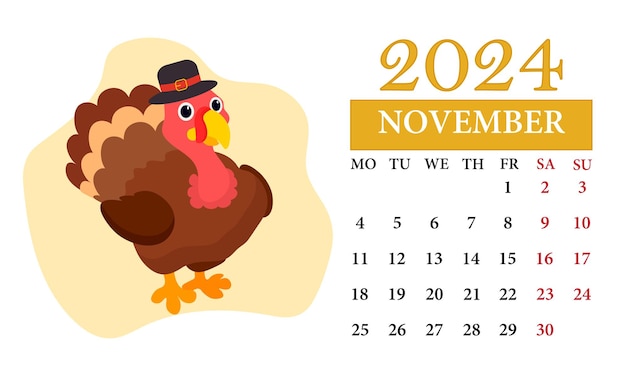 November monthly calendar 2024 with a turkey