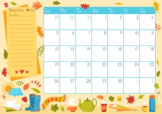 Calendario della pagina di novembre organizzatore modello 2023 anno accogliente autunno memo evento planner diario scrapbook