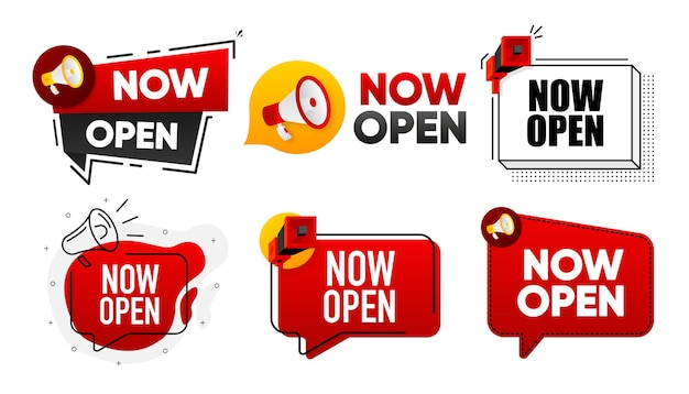 Now Open Megaphone label collection with text Marketing and promotion Vector Illustration